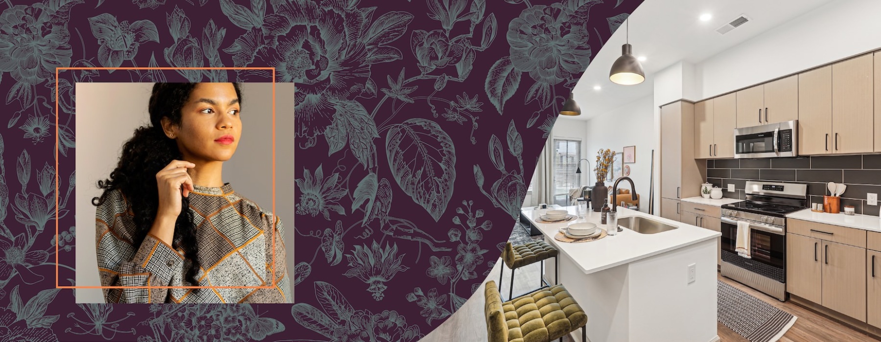 a graphic of a woman next to an image of a kitchen