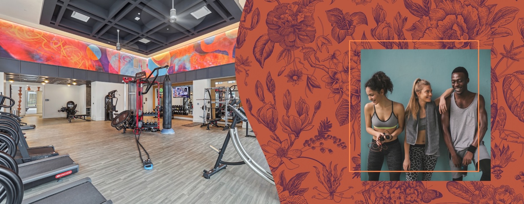 a graphic of people in fitness clothing next to an image of a gym