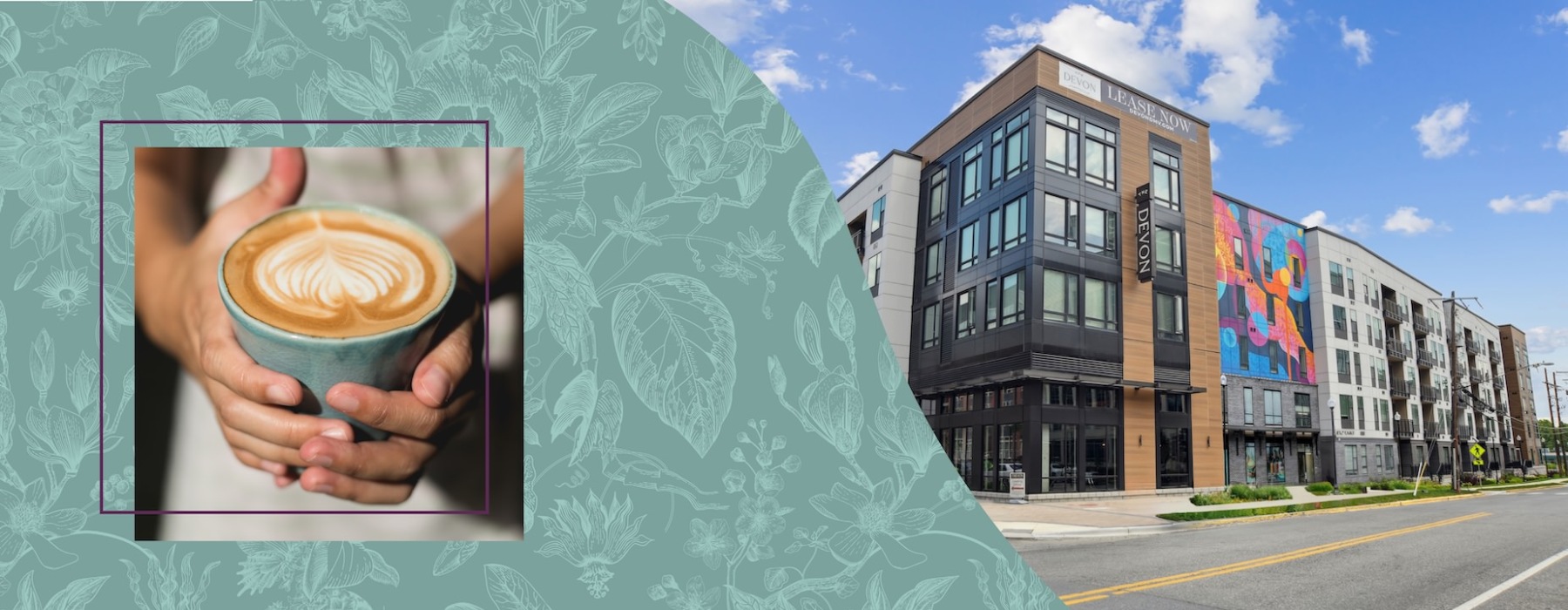 a graphic of hands holding coffee next to an image of the outside of a building