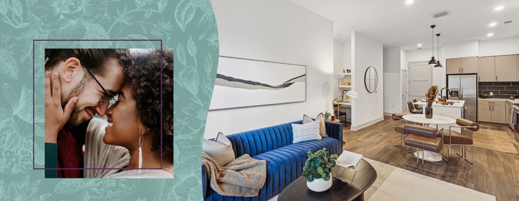 a graphic of a couple next to a living room image