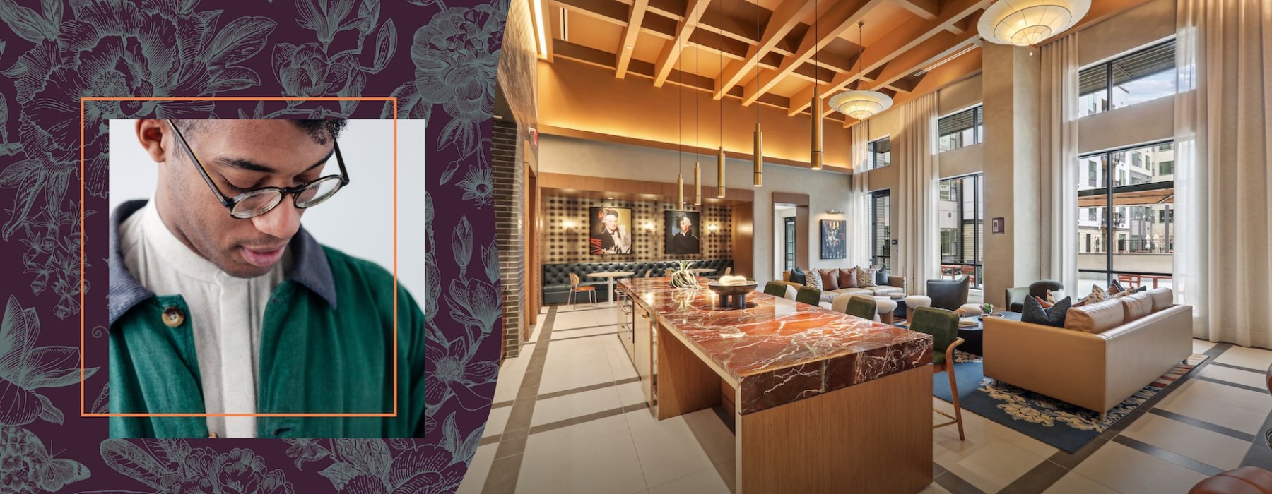 a graphic of a man next to an image of a lounge with couches and tables