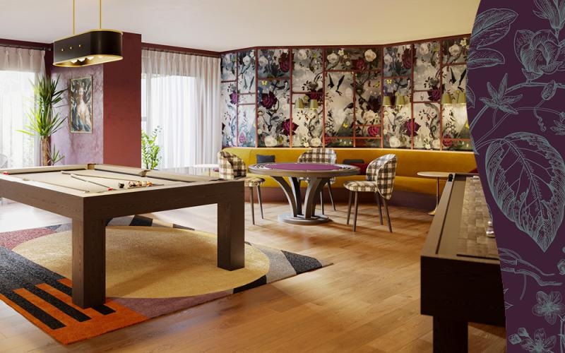 a room with a pool table and a table with chairs